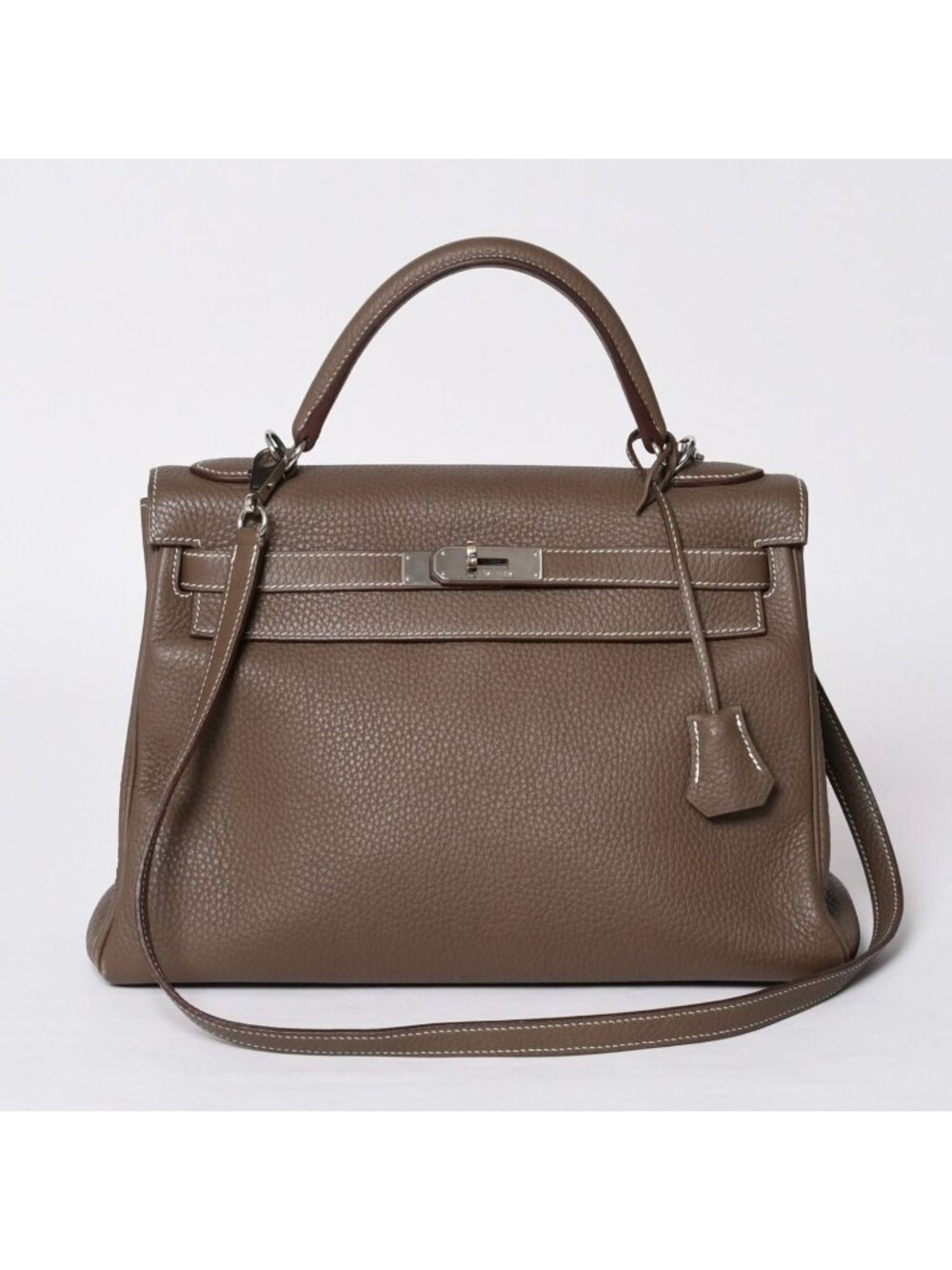 Hermes Kelly 32 Retourne Etaupe Taurillon Clemence Silver Handbag 2-Way